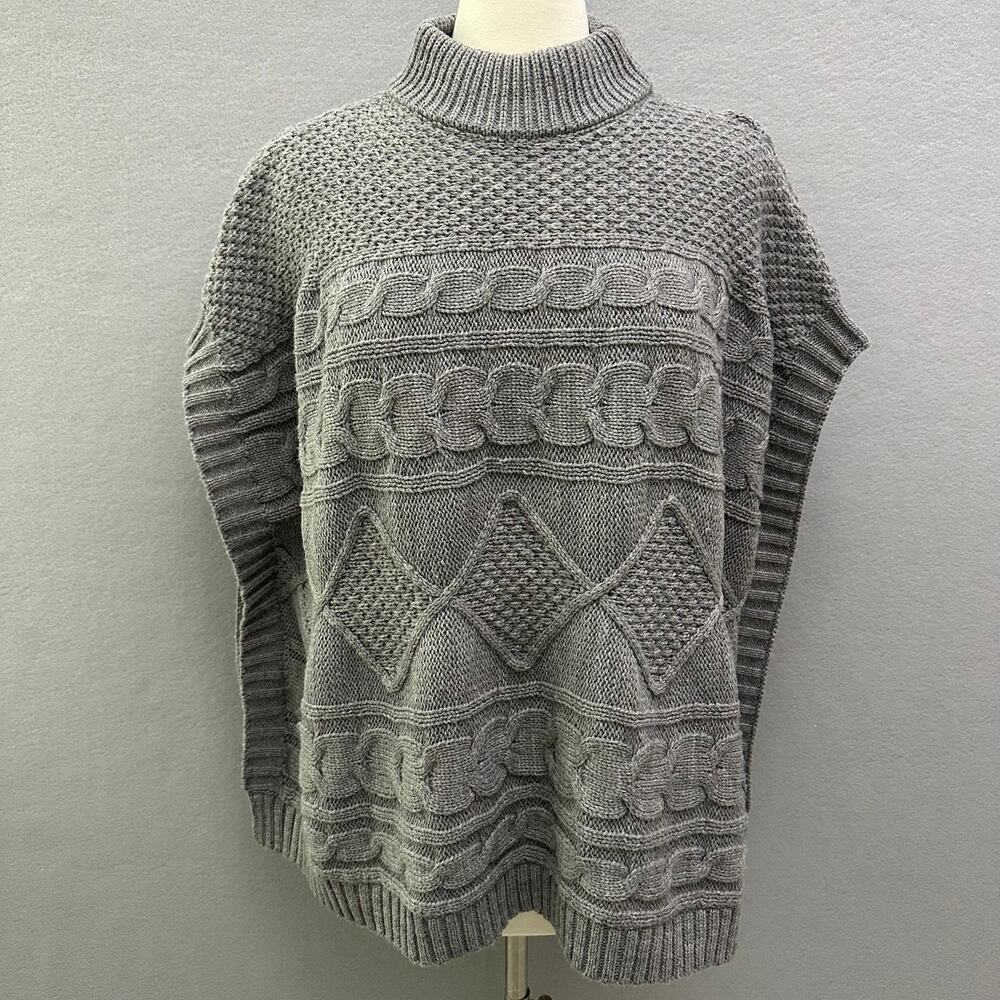 Chico's Gray Cable Knit Poncho Sweater OS Acrylic Mock Neck Textured Pullover - Picture 9 of 14